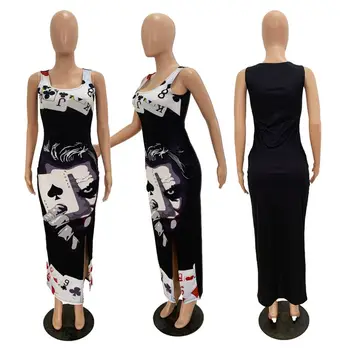 ZOOEFFBB Seksualus Plius Dydis Pokerio Print Long Maxi Suknelė Moterims Vasaros Drabužių Bodycon Vestidos Pusės Split Naktį Šalies Klubas Suknelės