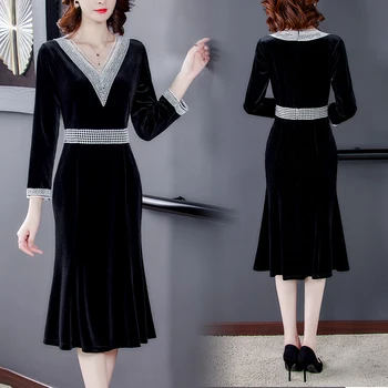 Moterų Vintage Black Siuvinėjimo aksomo V-kaklo Suknelė Atsitiktinis-Line Rudens-Žiemos Mados Šalis Klasikiniai ilgomis Rankovėmis Vidurio Suknelė