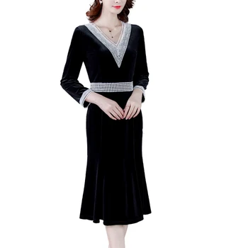 Moterų Vintage Black Siuvinėjimo aksomo V-kaklo Suknelė Atsitiktinis-Line Rudens-Žiemos Mados Šalis Klasikiniai ilgomis Rankovėmis Vidurio Suknelė