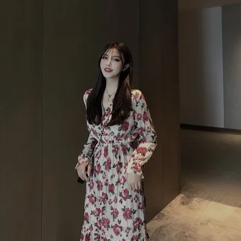 Gėlių Atspausdintas Derliaus Suknelės Moterims Korėjos Stiliaus Dizainas, Plonas Aukštos Juosmens Gėlių Raudona Temperamentas Lady V-Kaklo Marškinėliai Suknelė Ilgai