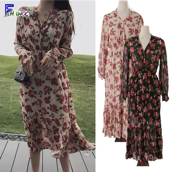 Gėlių Atspausdintas Derliaus Suknelės Moterims Korėjos Stiliaus Dizainas, Plonas Aukštos Juosmens Gėlių Raudona Temperamentas Lady V-Kaklo Marškinėliai Suknelė Ilgai