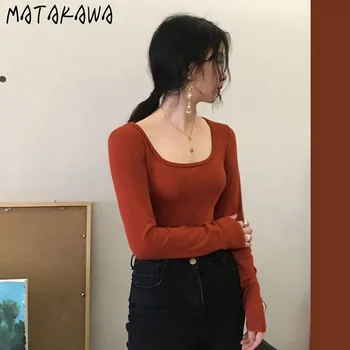MATAKAWA Trijų spalvų Pagrindinių Slim Retro Kvadratinių Kaklo Moteris Tshirts ilgomis Rankovėmis, Žemiausią Marškinėlius Moterų Top Rudens Megztinis