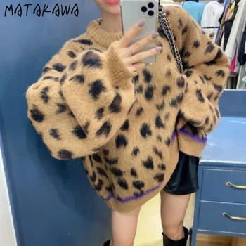 MATAKAWA Retro Leopard Megztinis Moteriška korėjos Prarasti Rudens ir Žiemos Sustorėjimas, Žibintų Rankovėmis Megztinis Pliušinis Moteris Megztiniai