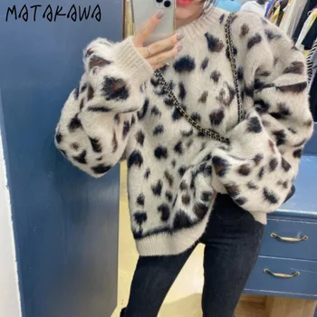 MATAKAWA Retro Leopard Megztinis Moteriška korėjos Prarasti Rudens ir Žiemos Sustorėjimas, Žibintų Rankovėmis Megztinis Pliušinis Moteris Megztiniai