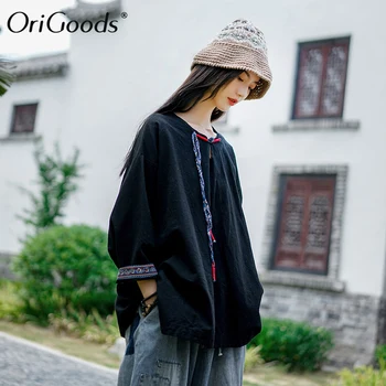 OriGoods ilgomis rankovėmis Palaidinė Moterų Plius dydis Vintage Palaidinė Kinų stiliaus Naujovė Originalaus Dizaino Palaidinė Marškinėliai, O-kaklo Viršūnes C258