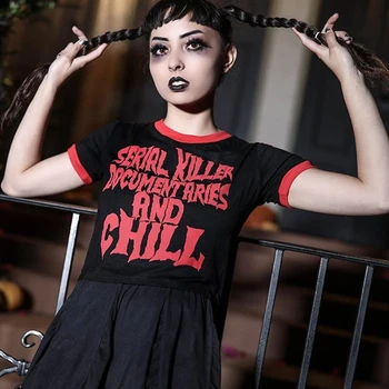 Hillbilly Derliaus Serijinis Žudikas Spausdinti Moterų Gotikos Marškinėlius Harajuku Streetwear Bodycon Apkarpyti Viršūnes Moterų Tees Sumemr Ins Mados