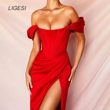 Vasaros Raudona Off Peties Seksuali Suknelė Moterims Aukšto Padalinta Stebėjimo Klubas Bodycon Suknelė Backless Elegantiškas Midi Šalis Suknelė