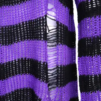 Atsitiktinis Moterų Megztinis Megztinis Gothic Punk Dryžuotas Trikotažas Prarasti Rudenį Megztiniai Skylę Džemperiai Ilgai Viršūnes Puloveriai