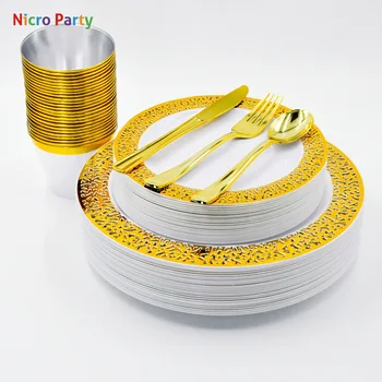 Nicro 150 vnt/set Auksas, Sidabras Rose Aukso Puodeliai, Plastiko Plokštės Šakutės Peiliai Šaukštai Vienkartiniai Aišku, Indai Rinkinys