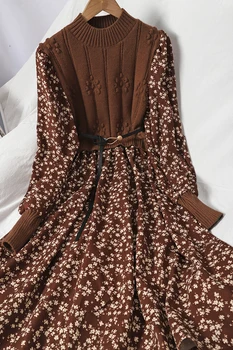 Mados rudens atsitiktinis Derliaus ilga Suknelė už moterų žiemą gėlių spausdinti suknelę, Megztinį megzti suknelę siūlėmis korėjos vestidos
