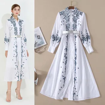 Moterims pavasario, vasaros, balta suknelė nauja 2020 ilgomis rankovėmis-line pasukite žemyn apykaklės gėlių siuvinėjimų suknelės