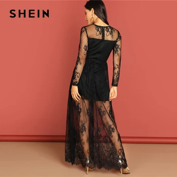 SHEIN Juodos Kontrastas Skaidrus Nėriniai Suknelė Elegantiškas, Tinka Ir Blyksnius Kietas Suknelė Rudenį Šiuolaikinės Lady Moterys Šalis Ilgos Suknelės