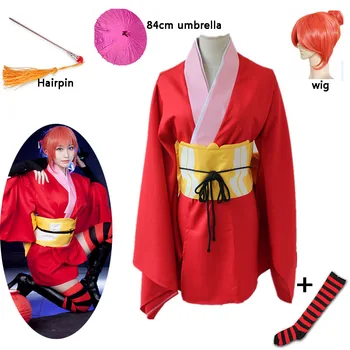 Tokyo Anime Gintama Kagura Cosplay Kostiumas moterims sidabro siela Kagura raudona suknelė Japonijos tradicinių kimono Helovinas cos ir perukas