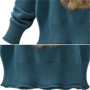 Juoda Golfo Moterų Žiemos Briaunoti Megztiniai Elegantiškas Ilgomis Rankovėmis Mados Lapės Kailiniai Šilti Ploni Megztiniai Megztinis Džemperis