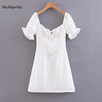 SheMujerSky Vasaros Derliaus Mini Suknelė Moterims Nėrinių V-kaklo Suknelė 2019 vestido blanco verano