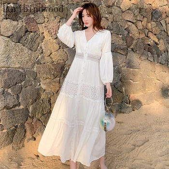 2020 Naują atvykimo Vasaros Boho Moterų Maxi Suknelė Baltos spalvos Nėrinių Ilgai Tunika Paplūdimio Suknelė Atostogų Atostogų Drabužiai