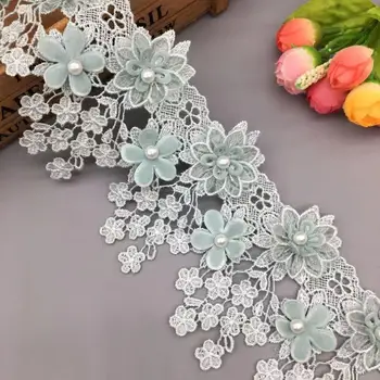1 kiemas Šviesiai Žalia 3D Gėlių Perlų Siuvinėti Net Nėrinių Audinio Apdailos Juostelės 