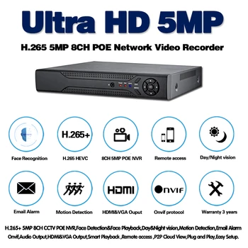 Veido Aptikimo H. 265 4CH 8CH 5MP PoE Tinklo Vaizdo įrašymo Priežiūros PoE NVR, 5MP HD 1080P IP Kamera su PoE 802.3 af ONVIF
