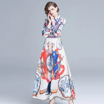 Naujas Dizaineris kilimo ir tūpimo Tako kokybės derliaus balta Moterų ilgomis rankovėmis Elegantiškas ilgomis rankovėmis maxi suknelė Spausdinti Derliaus Ilga Suknelė