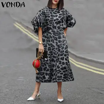 Atostogų Sundress Suknelė 2021 VONDA Moterys Vidurio Blauzdos Suknelė Vintage Sluoksniuotos Rankovėmis Leopardas Spausdinti Šalis Suknelė Plius Dydis Atsitiktinis Vestido