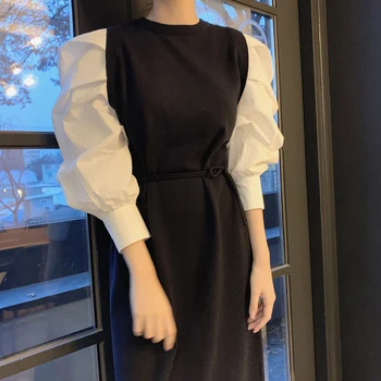 2020 Korėja Rudenį Moterys Saldus Sluoksniuotos Rankovėmis Kratinys Elegantiškas atsitiktinis Mezgimo Megztinis Ilga Suknelė