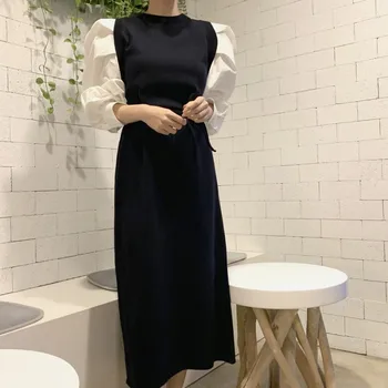 2020 Korėja Rudenį Moterys Saldus Sluoksniuotos Rankovėmis Kratinys Elegantiškas atsitiktinis Mezgimo Megztinis Ilga Suknelė