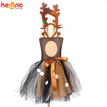 Brown Deer Tutu Suknelė su Lankelis Merginos Gimtadienio Gyvūnų Kostiumas Vaikams Briedžių Helovinas Kalėdų Dress Up Išgalvotas Suknelės