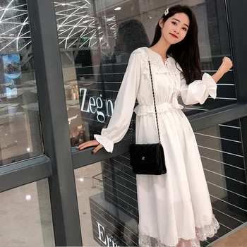 Prancūzijos Šifono Visą Rankovės Pasakų Suknelė Elegantiška Balta Moterų Slim Ilga Suknelė Rudens Drabužiai Pietų Korėja Vestuves Vakare 2020 M.