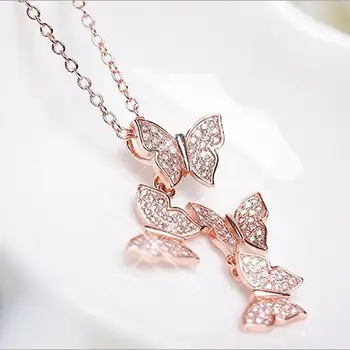 TJP Naujas Top Crystal Butterfly Rose Aukso Karoliai Pakabukas Moterų Papuošalų Mados 925 Sterlingas Sidabro Karoliai Ponios Bijou