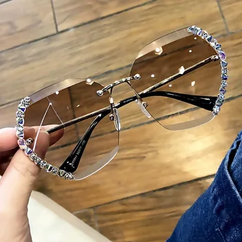 Didelis aikštėje taškus akiniai nuo saulės moterims 2020 uv400 kalnų krištolas kristalų saulės akiniai diamond bling frameless oculos de sol feminino