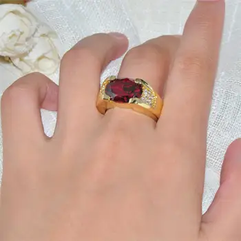 Žavesio Vyras Moteris Red Crystal Akmens Žiedas 18KT Geltonos Aukso Spalvos Plonas Vestuviniai Žiedai, Moterų, Prabangos Ovalo formos Cirkonis Vestuvinis Žiedas