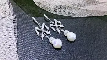 Baroko gamtos gėlo vandens perlų lašas auskarai 925 sterlingas sidabro su kubinis cirkonis bowknot auskarai bauda moterų papuošalai ilgai