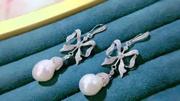 Baroko gamtos gėlo vandens perlų lašas auskarai 925 sterlingas sidabro su kubinis cirkonis bowknot auskarai bauda moterų papuošalai ilgai
