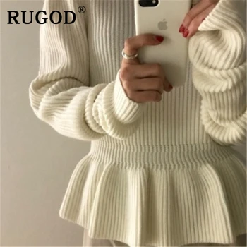 RUGOD korėjos elegantiškos baltos spalvos džemperis moterims, elegantiškas Ruffles sluoksniuotos rankovėmis slim megztų megztinių Mados office ponios Žiemos trikotažas