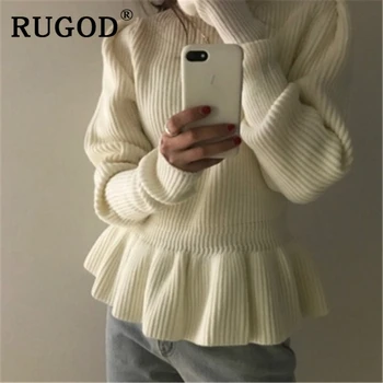RUGOD korėjos elegantiškos baltos spalvos džemperis moterims, elegantiškas Ruffles sluoksniuotos rankovėmis slim megztų megztinių Mados office ponios Žiemos trikotažas