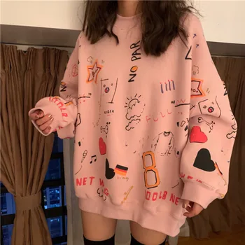 Doodle Spausdinimo Moterų Apvalios Kaklo Harajuku Hoodies Laisvas Megztinis Negabaritinių Marškinėlius Atsitiktinis Streetwear Korėjos Stiliaus Rz*