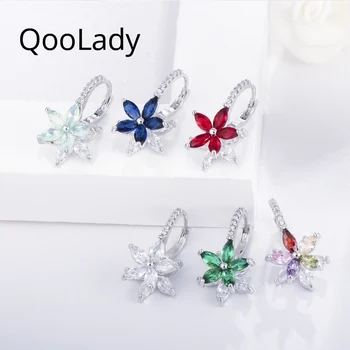 Qoolady korėjos Stiliaus Spalvinga Kubinių Cirkonio Kristalų 3D Geometrinis Saldus Gėlių Papuošalai Stud Auskarai Šalies Moterų Dovana E005