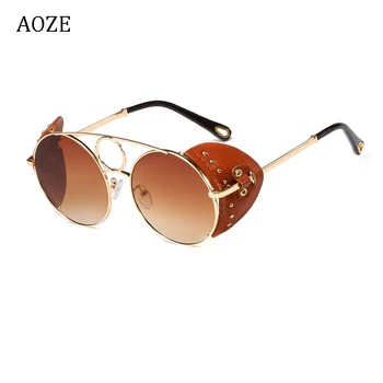 Mados stilius steampunk apvalūs akiniai nuo saulės moterų derliaus odinis korpuso pusėje, dizainas, prekės ženklo vyrai akiniai nuo saulės, akiniai nuo saulės atspalvių UV400