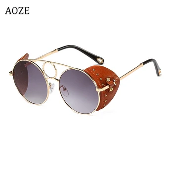 Mados stilius steampunk apvalūs akiniai nuo saulės moterų derliaus odinis korpuso pusėje, dizainas, prekės ženklo vyrai akiniai nuo saulės, akiniai nuo saulės atspalvių UV400
