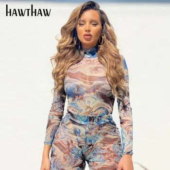 Hawthaw Moteris Rudens-Žiemos Ilgos Rankovės Akių Matyti Per Bodysuit Ilgas Kelnes Atspausdinta Dviejų Dalių Rinkiniai 2020 M. Rudenį Drabužių Streetwear