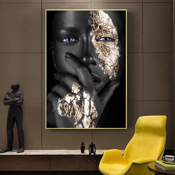 Afrikos Meno Juodos ir Aukso Moteris Vertus, Galvoju, Drobė, Tapyba, Plakatų ir grafikos Cuadros Sienos paveiksl Kambaryje Namų Dekoro