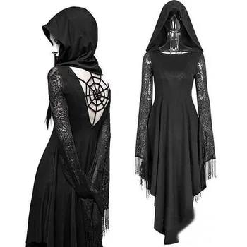 2019 Moterų Mados XXXXXL Gotikos Dvasios Juodos Suknelės Senovinių Nėrinių Backless Gobtuvu Dress Helovinas Cosplay Kostiumų kleid