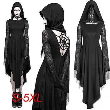 2019 Moterų Mados XXXXXL Gotikos Dvasios Juodos Suknelės Senovinių Nėrinių Backless Gobtuvu Dress Helovinas Cosplay Kostiumų kleid