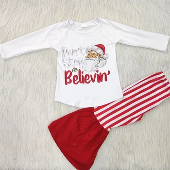 Naujas atvykimo Santa komplektus baby girls cartoon viršūnes+dryžuotas flare kelnės 2 vnt. nustatyti kalėdų vaikas, vaikų drabužiai, kostiumai gxj