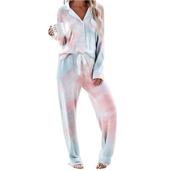LIEPOS DAINA Pižama Nustatyti Atsitiktinis tie dažai Atvartas Moterų Rudenį, Pavasarį Sleepwear Medvilnės Mezgimo ilgomis rankovėmis Kelnės Namų drabužiai