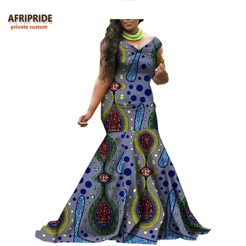 Afrikos ANKARA maxi šalis suknelė moterims AFRIPRIDE off-pečių V-kaklo trimitas grindų ilgis moterų medvilnės suknelė A7225106