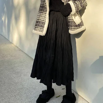 2020 m. Rudenį, Žiemą, Raukšlėta Juodas Klostuotas Sijonas Moterims korėjos Stiliaus Atsitiktinis High Waisted-Line Ilgi Sijonai, Midi falda plisada