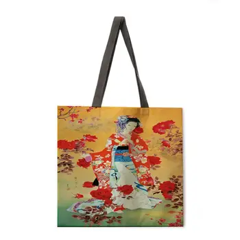 Kimono moteris, kaip tradicinė lino pirkinių krepšys daugkartinio naudojimo kelioninį krepšį moterų pečių audinys krepšys sulankstomas lino maišelis paplūdimio tote bag