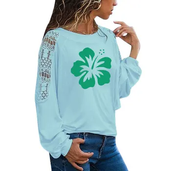 Havajų Hibiscus Flower Print Moterų Marškinėliai Juokinga Teeshirt Moterų Drabužių Atsitiktinis Ilgomis Rankovėmis Didelio Dydžio Prarasti Nėrinių Viršūnės Tee
