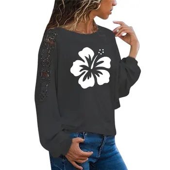 Havajų Hibiscus Flower Print Moterų Marškinėliai Juokinga Teeshirt Moterų Drabužių Atsitiktinis Ilgomis Rankovėmis Didelio Dydžio Prarasti Nėrinių Viršūnės Tee